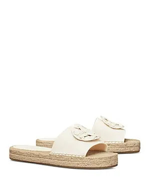 Tory Burch Woven Double T Slip On Espadrille Slides White Beige Women's US 6.5