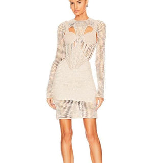 NWT Dion Lee Knit Pinnacle Stirrup Crochet Mini Dress Beige Marble Women XS