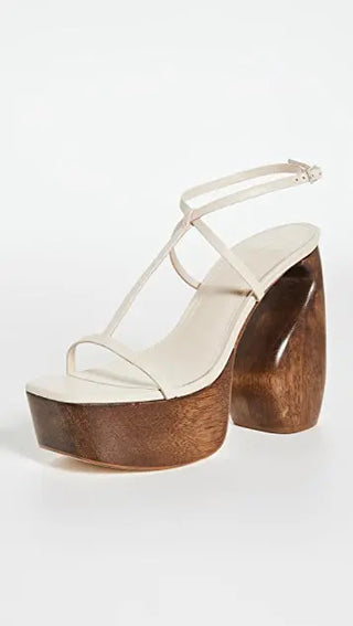 Cult Gaia Chiara Leather Ankle Strap Wooden Heel Platform Sandal Off White EU 40