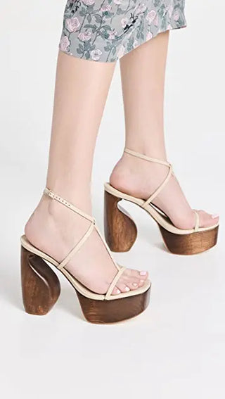 Cult Gaia Chiara Leather Ankle Strap Wooden Heel Platform Sandal Off White EU 40