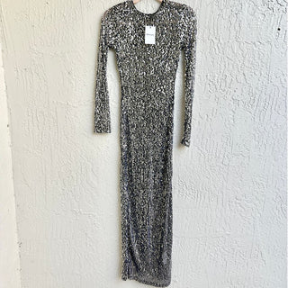 NWT Showpo. Back Split Nicky Sequin Mesh Maxi Dress Black Silver Women's US 2