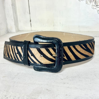 Via Spiga Genuine Leather Tiger Striped Adjustable Waist Belt Beige/Black Small