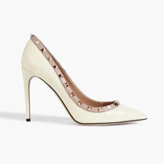 Valentino Rockstud Smooth Patent-Leather Pointed Toe Stilettos Pumps Cream EU 37