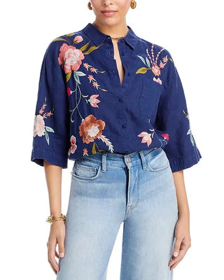 Johnny Was Joya 100% Linen Embroidered Floral Boxy Button-Up Shirt Navy Size XS