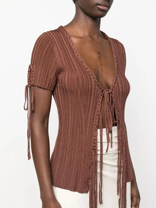 Cult Gaia Daisy Short Sleeve V-Neck Knit Tie Front Blouse Top Brown Women's XS