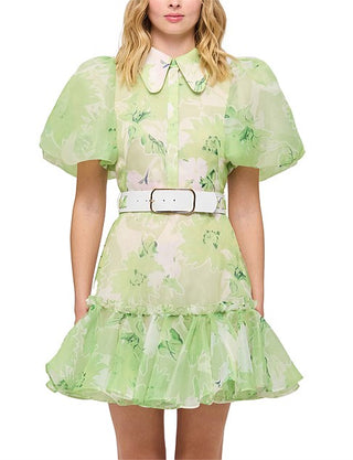 NWT Leo Lin Sophie Jasmine Bishop Sleeve Belted Mini Dress Green AUS 8 / US 4