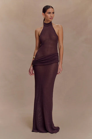 Meshki Reece Halter Neck Open Back Sheer Knit Maxi Dress Chocolate Woemn's Small