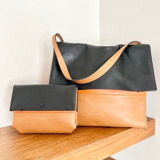 Celine Soft Calfskin Leather Shoulder Bag & Pouch Set Mellow Orange Black Women