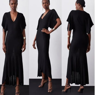 Karen Millen Slinky Knit Kimono Sleeve V-Neck High Low Maxi Dress Black Womens S