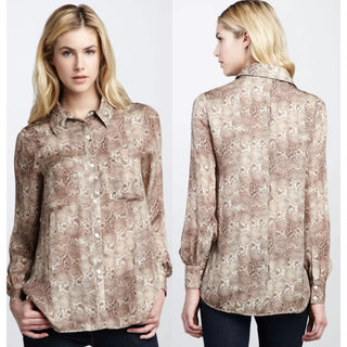 Haute Hippie Silk Snake Print Long Sleeve Button Up Shirt Brown Women's Size S