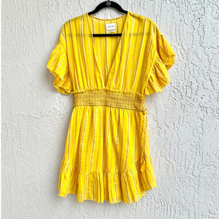 Saylor Adrianne Striped Ruffle-Sleeve V-Neck Mini Dress Yellow Women's Size M