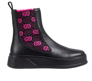 Gucci GG Logo Chunky Sole Leather Ankle Boots with Jersey Knit Black Pink EU 37