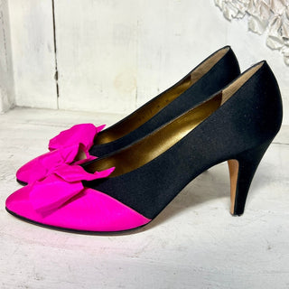 NWT Yves Saint Laurent's Two Tone Satin Slip On Pump Fuchsia/Black Womens Size 8