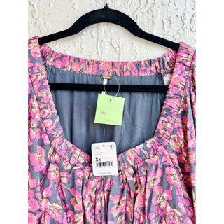 NWT Free people Jael Puff Sleeve Cut Out Floral Print Mini Dress Pink Women XS