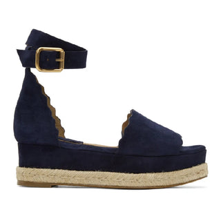 Chloé Scalloped Suede Espadrille Wedge Heel Platform Sandals Navy Blue Womens 39
