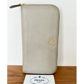 Prada Gray Beige Saffiano 100% Leather Zip Around Continental Wallet Women's