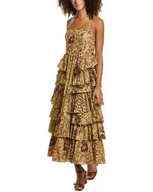 Ulla Johnson Avery Tiered Printed Cotton-Poplin Maxi Dress Yellow Brown Womens 2