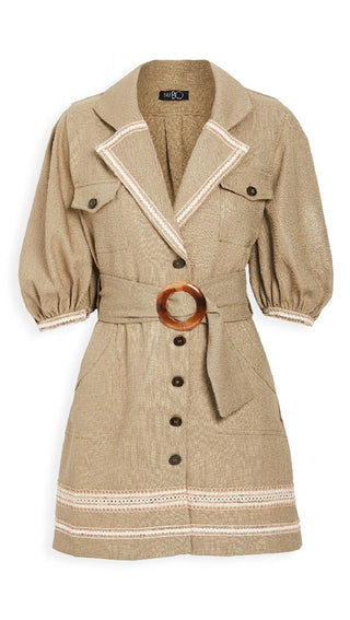 NWT PatBo Puff Sleeve Belted Linen Mini Dress Vintage Khaki Women's Size Large