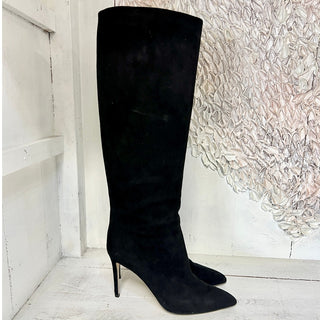 Gucci Suede Pull On Pointed Toe Knee High Heeled Dress Boots Black Women's 38