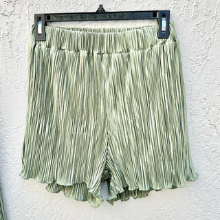 Unbranded Long Sleeve Pleated Shirt & High Waist Shorts Set Green Women's Small