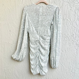 NWT Showpo Long Sleeve Ruched Rhaylee Mini Dress Silver Sequin Women's Size US 2