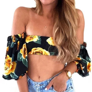 Onia x WeWoreWhat Ravello Floral Puffy Off-The-Shoulder Crop Top Black Yellow XS