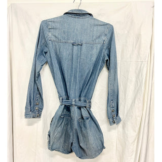 Free People Long Sleeve Button Front Belted Denim Romper Blue Women's Size XS