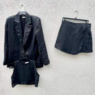 Parentezi 3 Piece Linen Set Blazer, Pull On Skort and Tank Top Black Women's XS