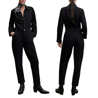 Mango Long Sleeve Button Front Straight Leg Denim Jumpsuit Black Women's Size XS