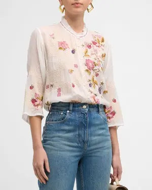 Johnny Was Dyllan Floral-Embroidered Georgette Blouse White Women's Size XXL