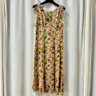 Valentino Silk Cherry Blossom Print Tie Shoulder Knee Dress Pink/Green Women's 6