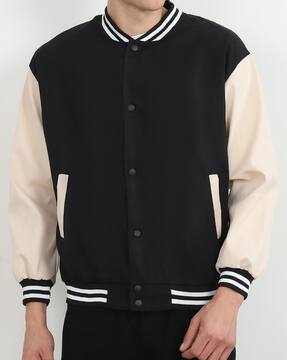 H&M Wool Blend Long Sleeve Colorblock Varsity Jacket Black Cream Women's Small