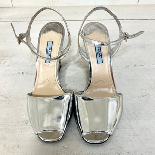 Prada Metallic Leather Heart-Cutout Ankle Strap Wedge Sandals Argento Women 38/8