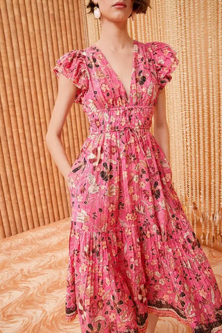 Ulla Johnson Angelica Floral Flutter Sleeve A-Line Midi Dress Pink Women's 4