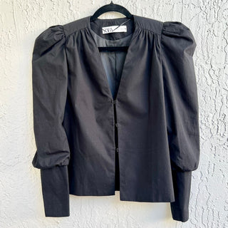 Zara 100% Cotton Long Puff Sleeve V-Neck Blazer Jacket Black Women's Size XS