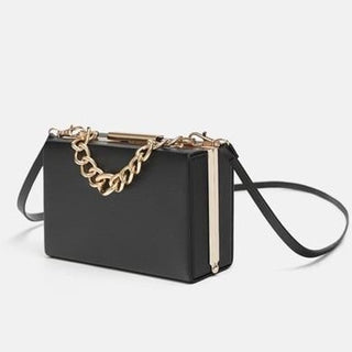 Zara Women's Evening Shoulder Box Handbag Faux leather with Gold Chain Black