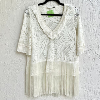 Alexis Short Sleeve Fringe Semi Sheer Embroidered Top Off White Womens Size XS/S