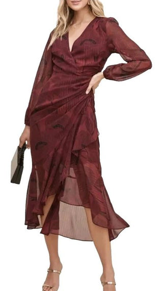 ASTR The Label Metallic Ruffled Faux Wrap Maxi Dress Burgundy Women's Size Small
