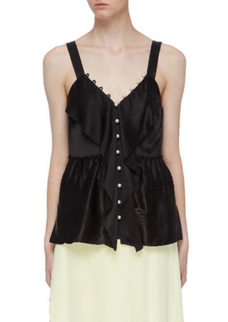 3.1 Phillip Lim Satin Pearl Button Ruffle Cascade Tank Top Black Women's Size 0