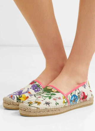 Gucci Flora Print Leather-Trimmed Canvas Espadrilles Shoes White Women's Size 39