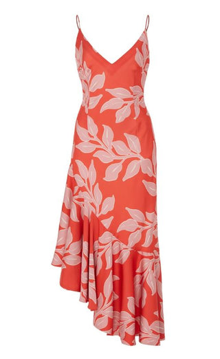 PatBO Leaves Ruffle Asymmetrical Midi Slip Dress Coral Red Women's Size US 4