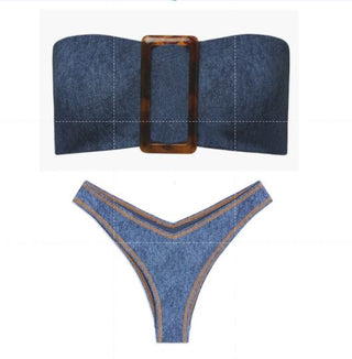 NWT WeWoreWhat Buckle Bandeau Bikini Top & Bikini Bottom Set Denim Women's Large