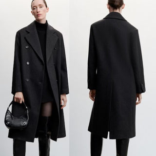 MNG Double Breasted Check Wool-Blend Coat Jacket Dark Heather Grey Women's Small