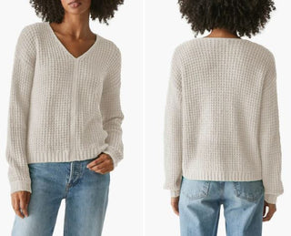 Michael Stars Kelsie Chunky Waffle Oversized V-Neck Sweater Ivory Womens Size XS