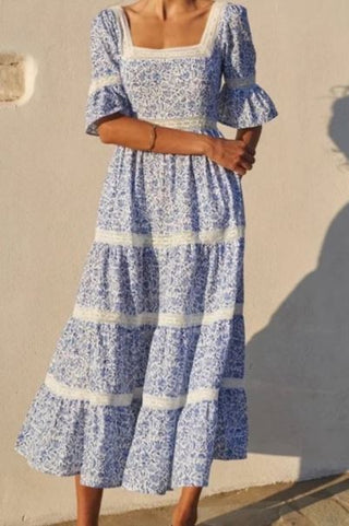 Pink City Prints Celine Lace Trim Tiered Floral Maxi Dress Blue Women's Size XL