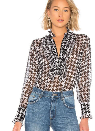 NWT Equipment Samine Houndstooth Silk Ruffled Blouse Multicolor Women's Size XS