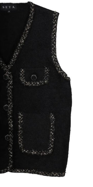 NWT Seta Embroidered Gold V-Neck Button Front Foam Vest Black Women's One size
