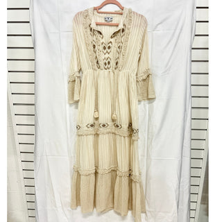 NJ Couture Embroidered Striped Tassel Tiered Ruffle Maxi Dress Cream Beige S / M