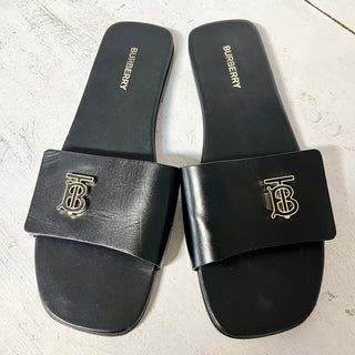 Burberry Monogram Plaque Leather Slip On Flat Slide Sandals Black Size 41 / 10.5