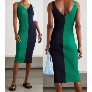 Staud Dana Two-Tone Sleeveless V-Neck Ribbed-Knit Midi Dress Navy/Green Womens S